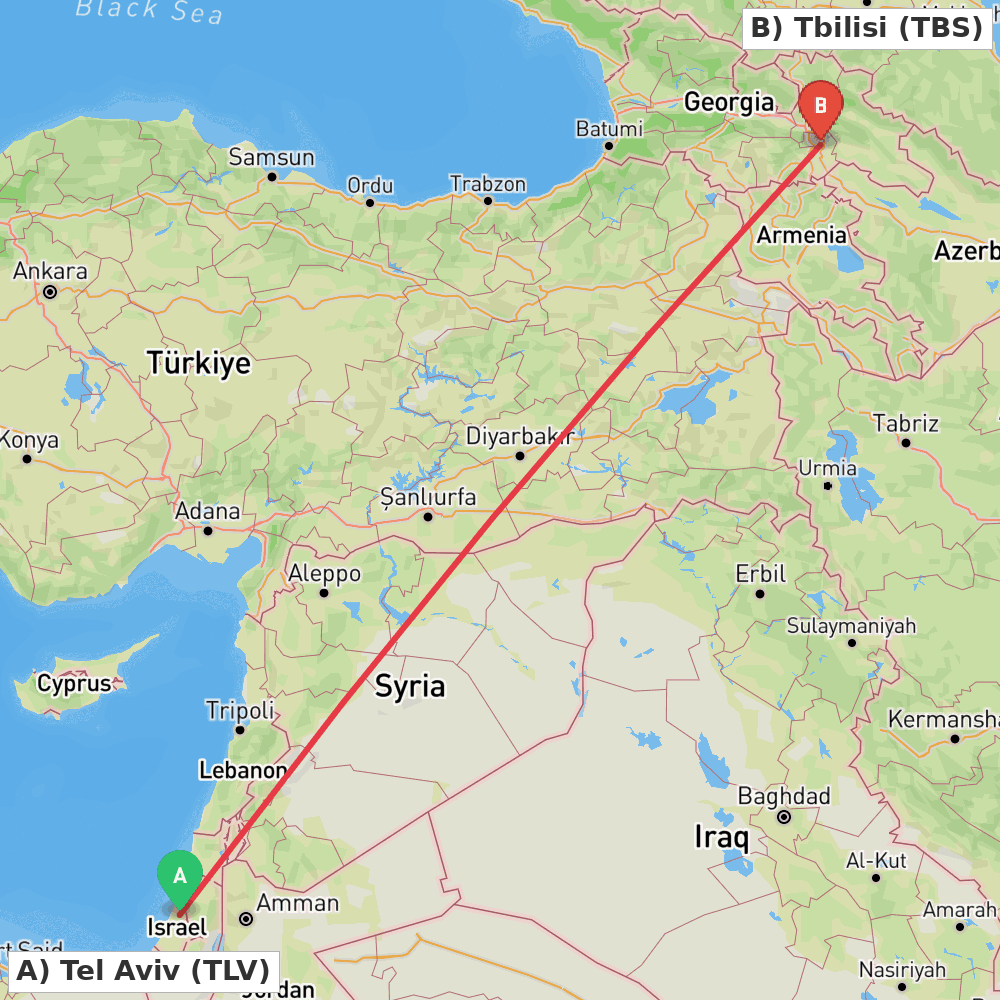 Flight route map from Tel Aviv to Tbilisi