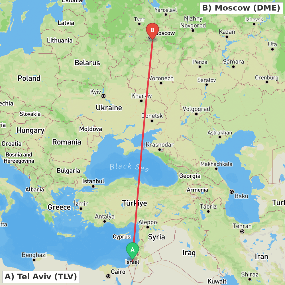 Flight route map from Tel Aviv to Moscow