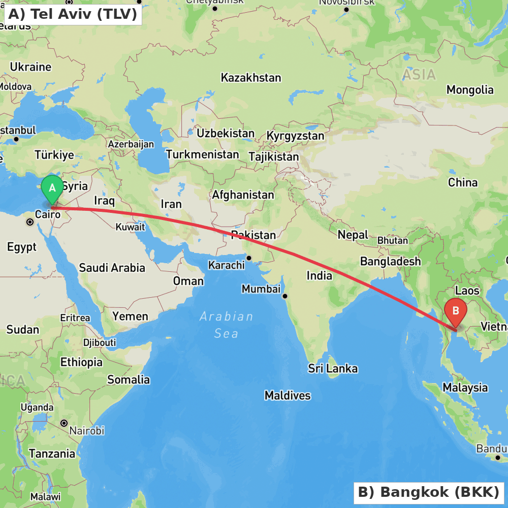 Flight route map from Tel Aviv to Bangkok