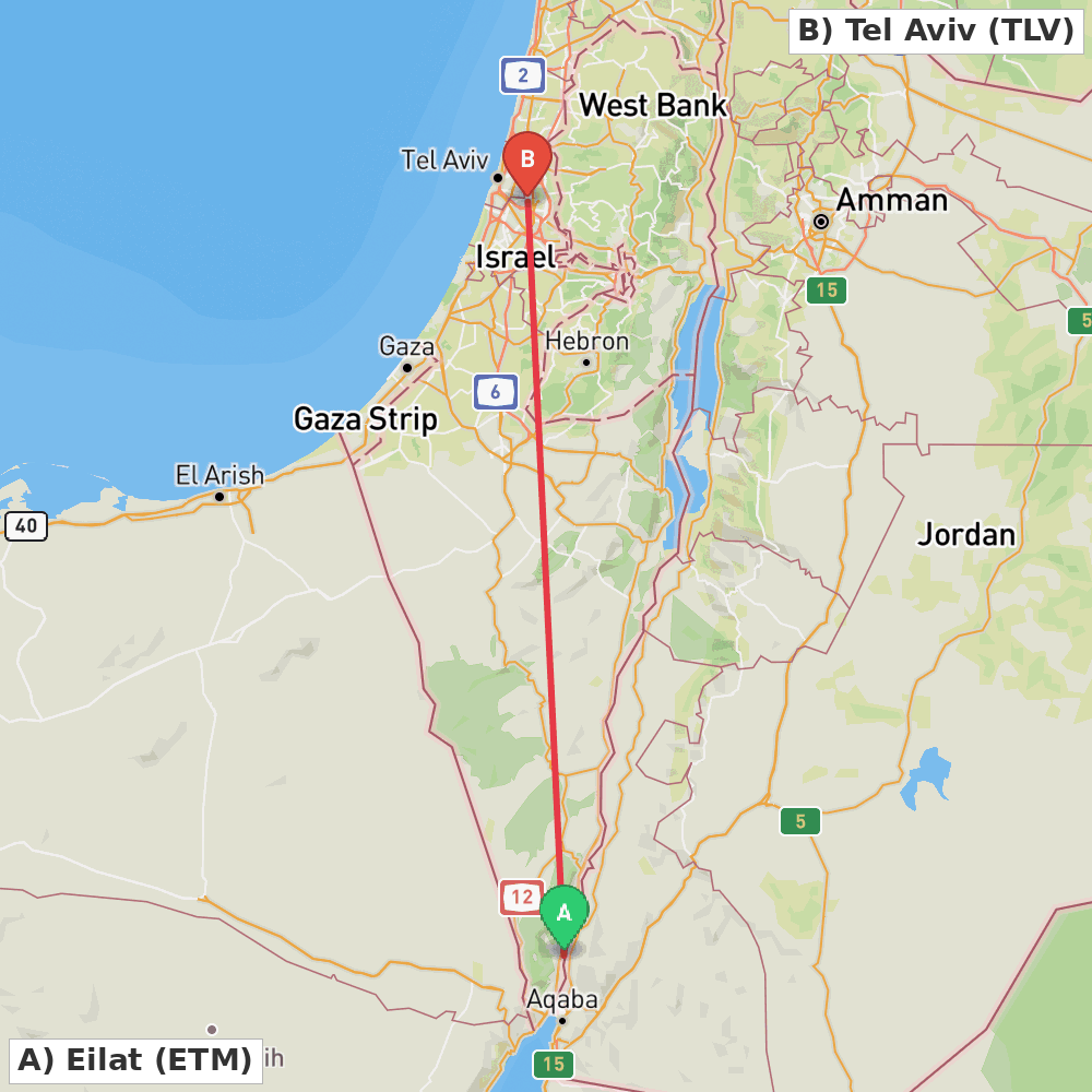 Flight route map from Eilat to Tel Aviv