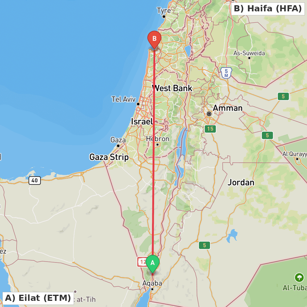 Flight route map from Eilat to Haifa