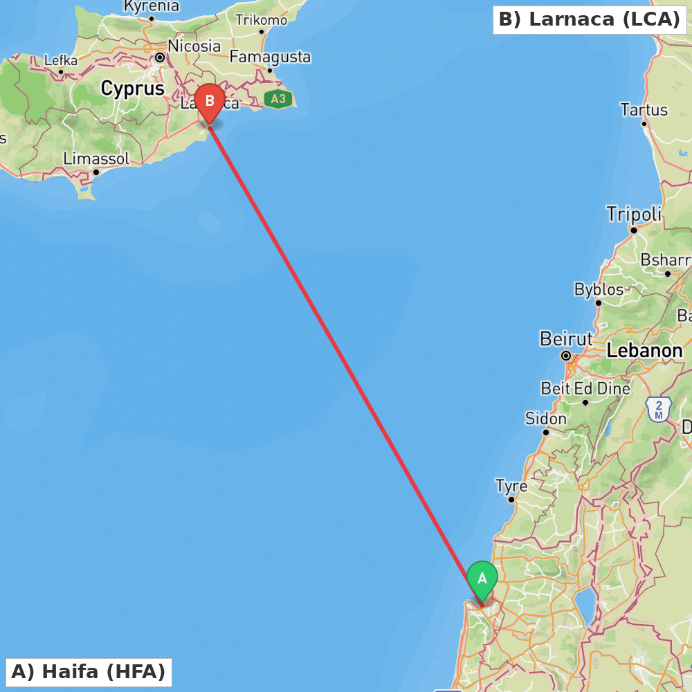 Flight route map from Haifa to Larnaca