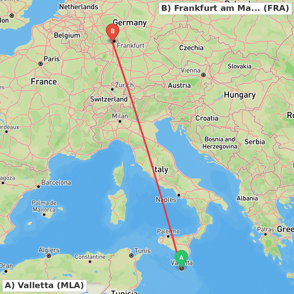 Flight route map from Valletta to Frankfurt am Main