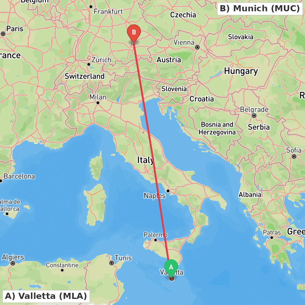 Flight route map from Valletta to Munich
