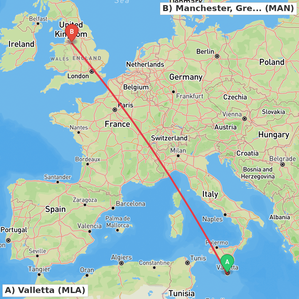Flight route map from Valletta to Manchester, Greater Manchester