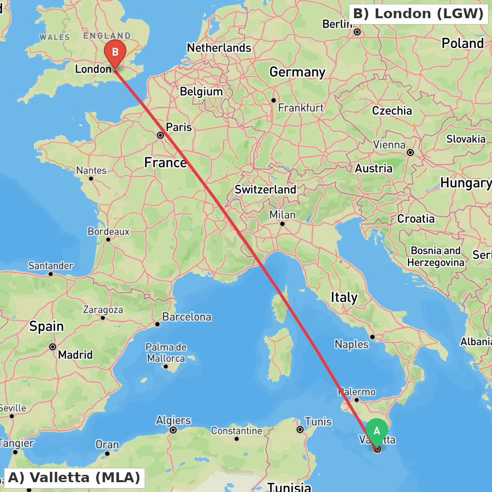 Flight route map from Valletta to London