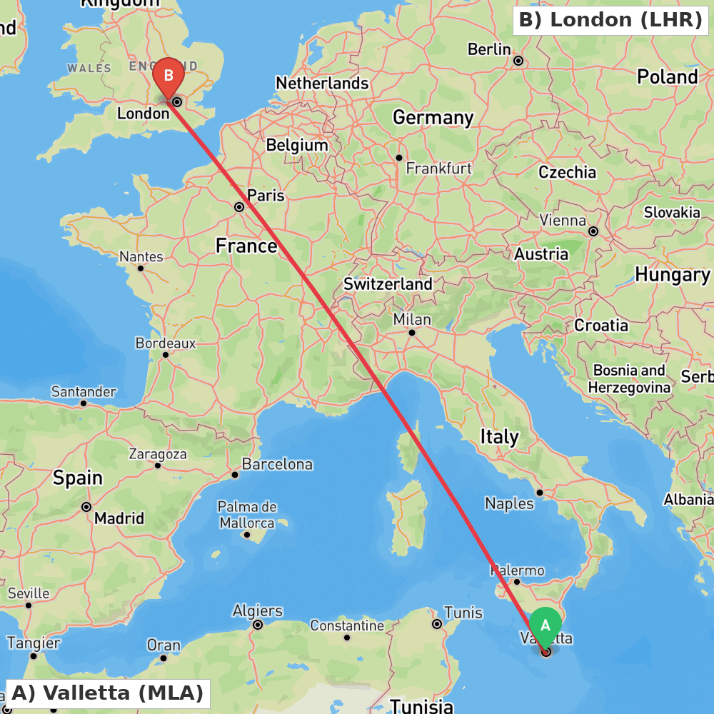 Flight route map from Valletta to London