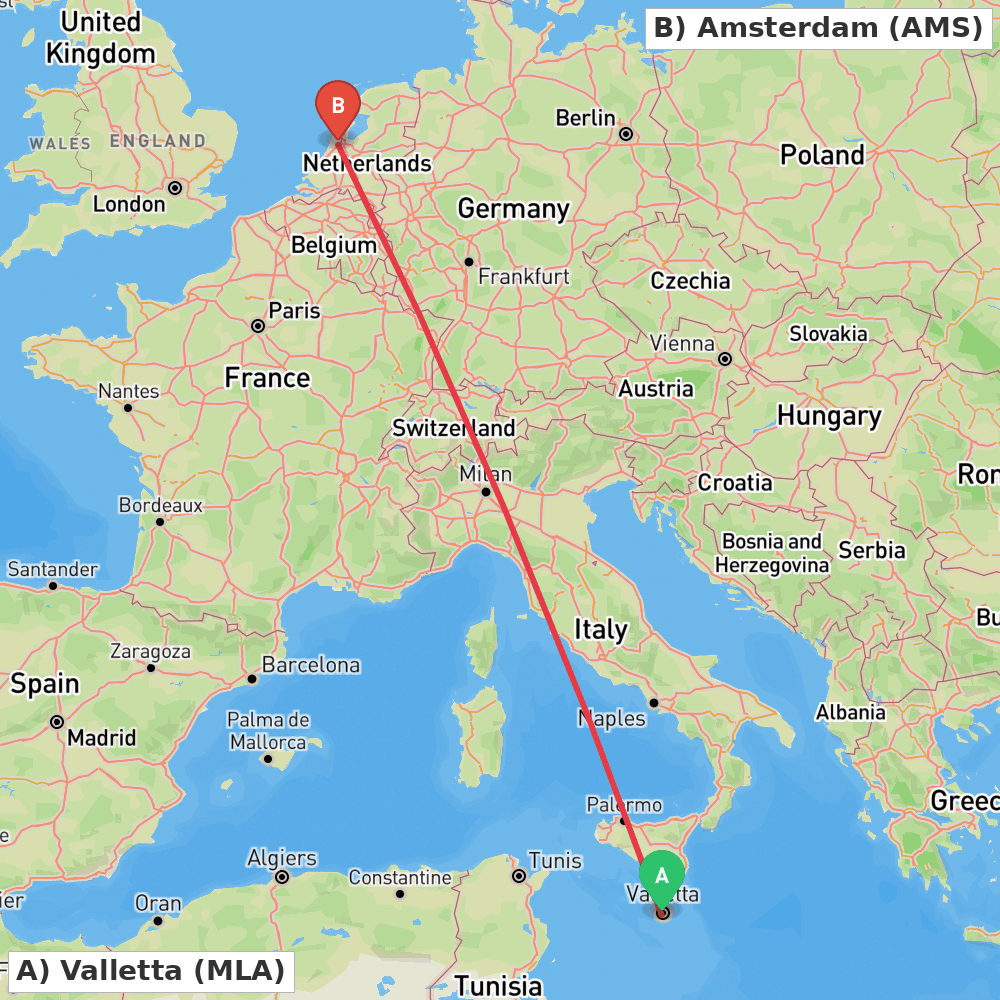 Flight route map from Valletta to Amsterdam