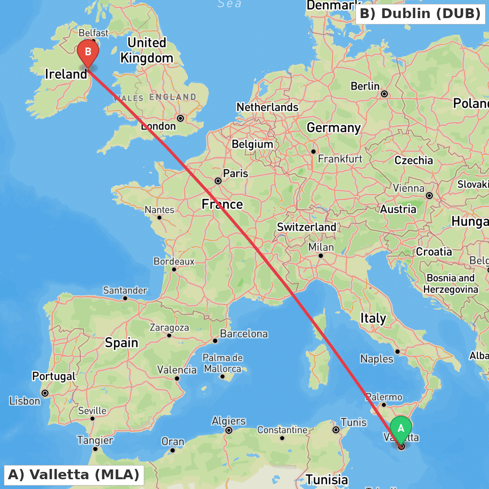 Flight route map from Valletta to Dublin