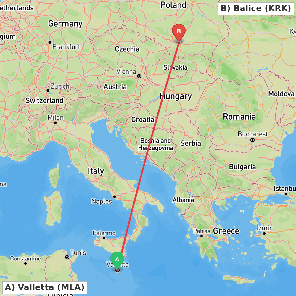 Flight route map from Valletta to Balice