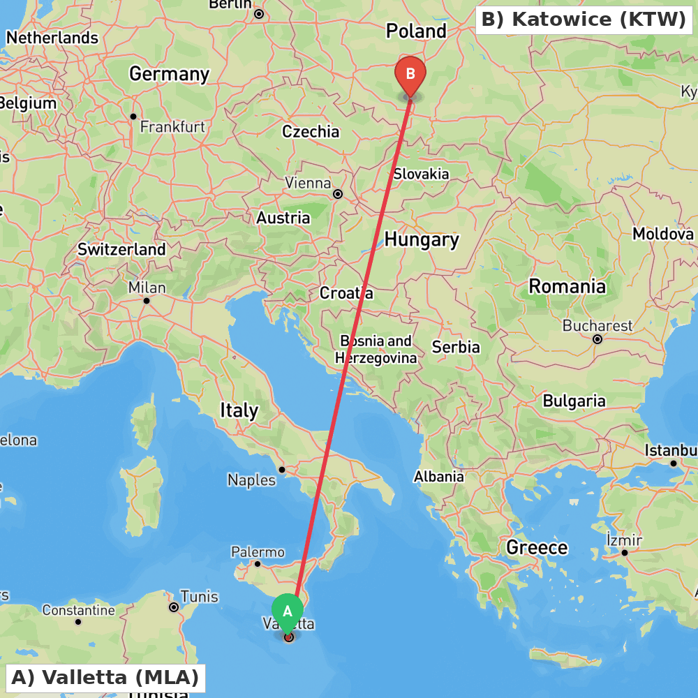 Flight route map from Valletta to Katowice