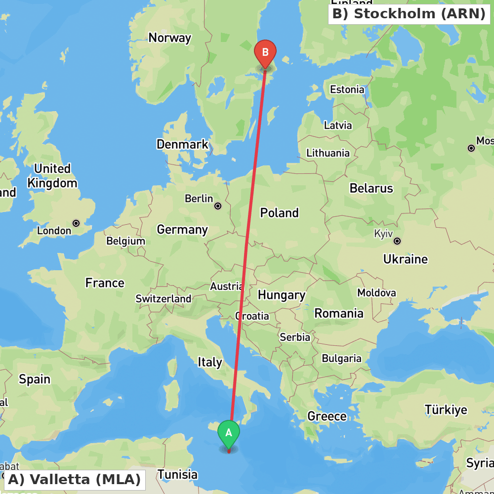 Flight route map from Valletta to Stockholm