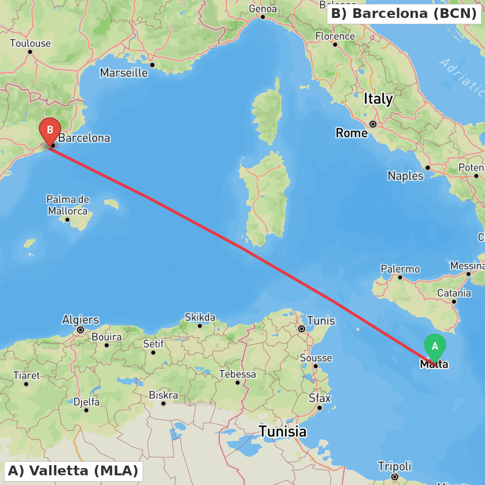 Flight route map from Valletta to Barcelona