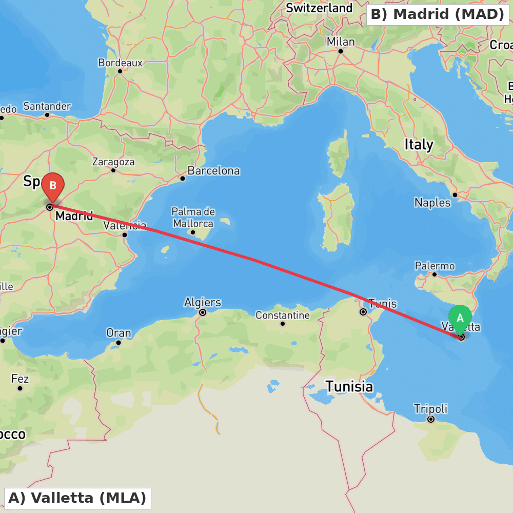 Flight route map from Valletta to Madrid