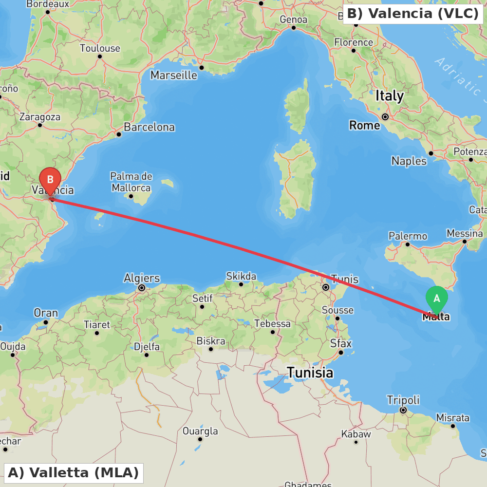 Flight route map from Valletta to Valencia