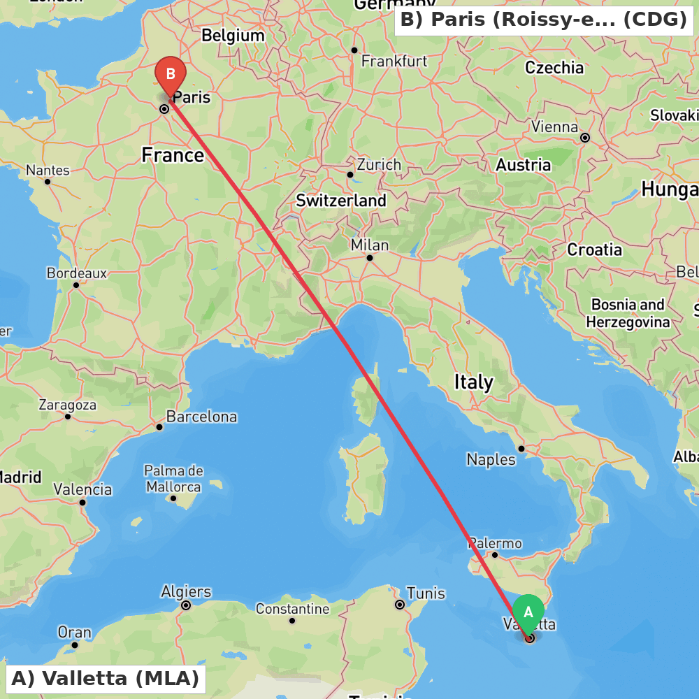 Flight route map from Valletta to Paris (Roissy-en-France, Val-d'Oise)