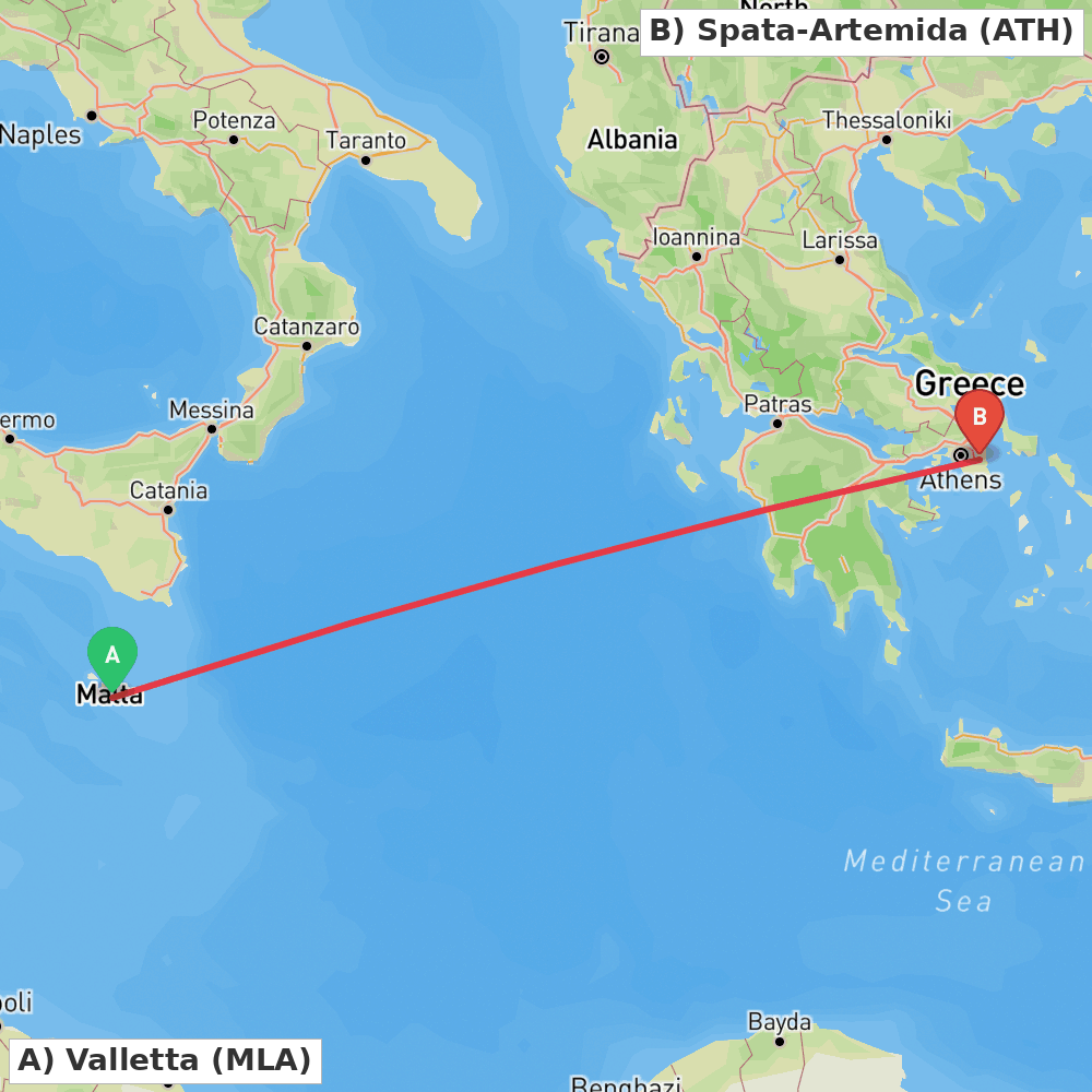 Flight route map from Valletta to Spata-Artemida
