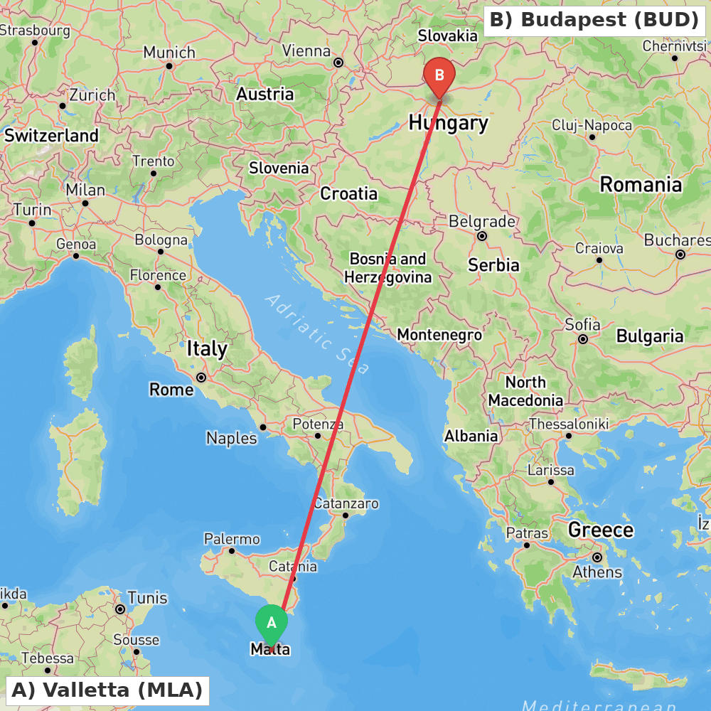 Flight route map from Valletta to Budapest