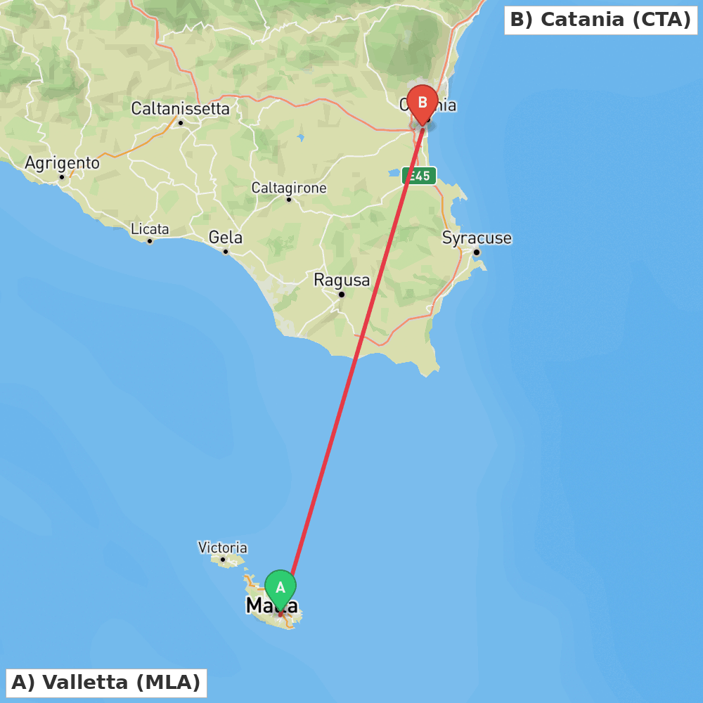 Flight route map from Valletta to Catania