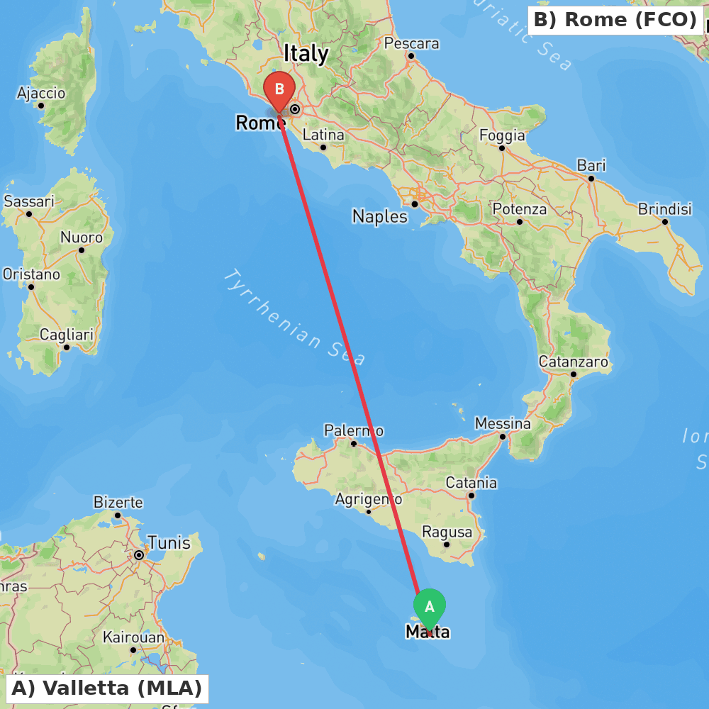 Flight route map from Valletta to Rome
