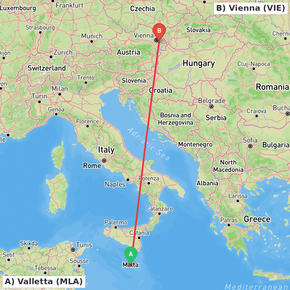 Flight route map from Valletta to Vienna