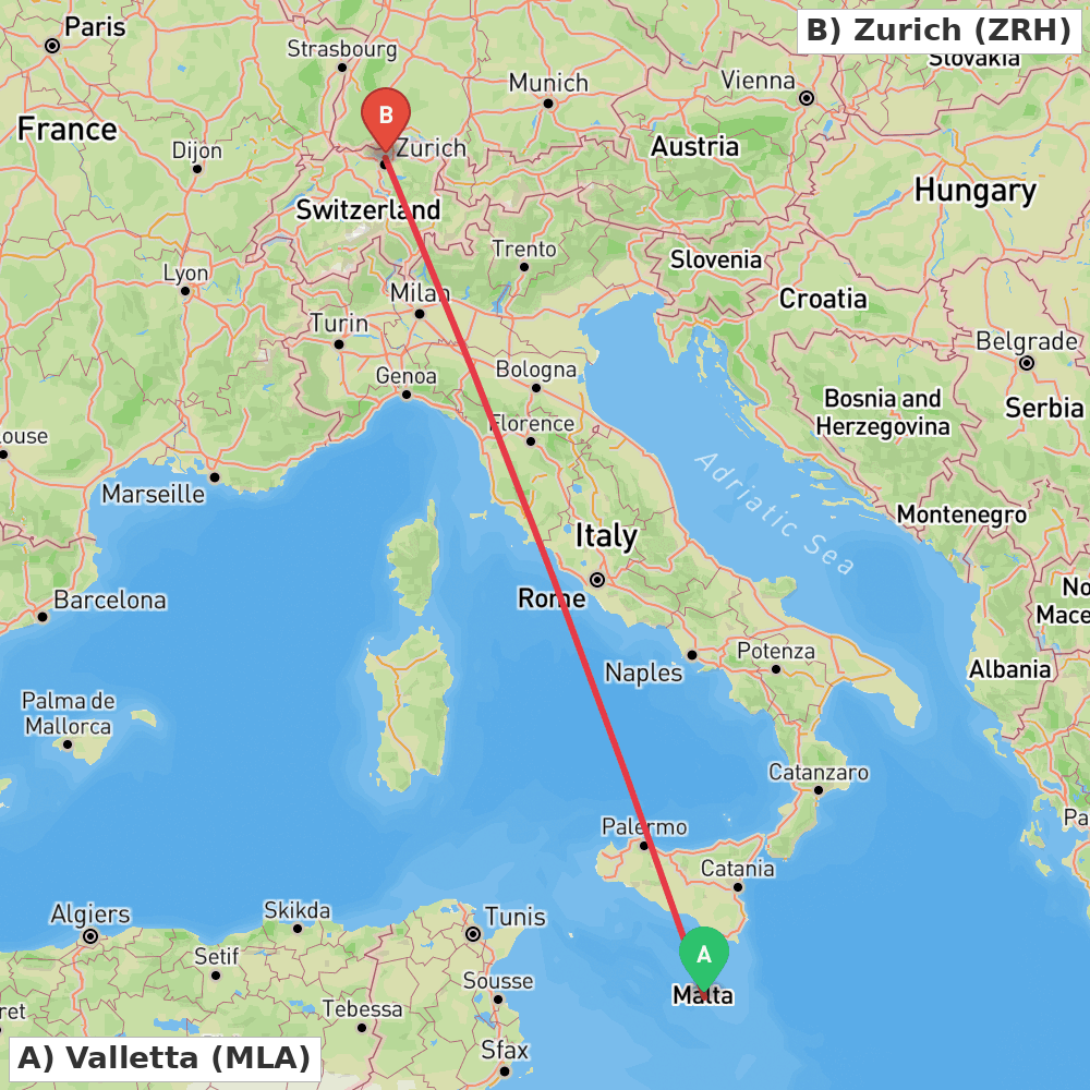 Flight route map from Valletta to Zurich