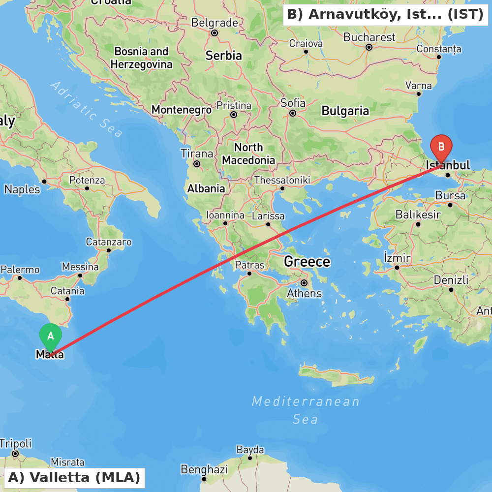 Flight route map from Valletta to Arnavutköy, Istanbul