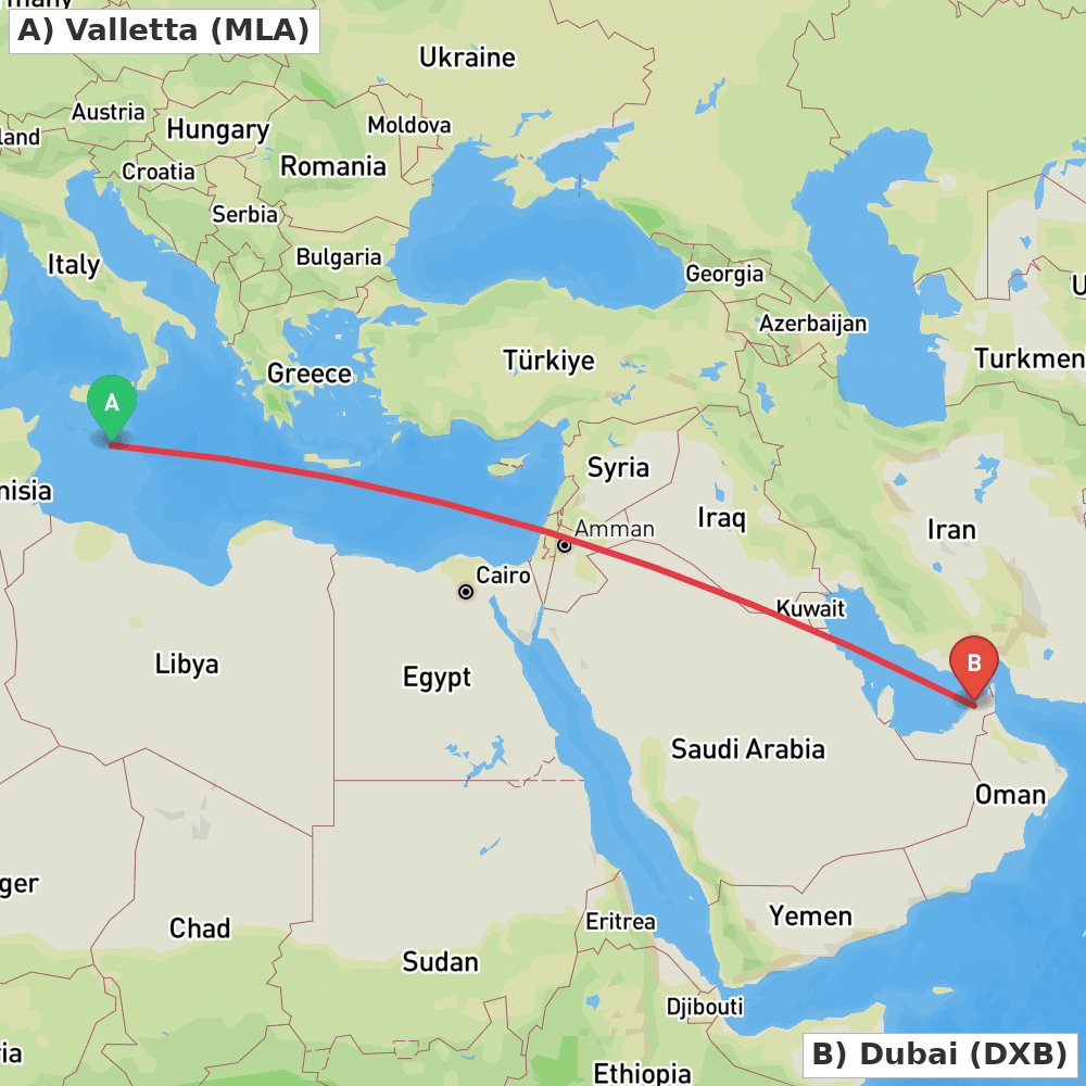 Flight route map from Valletta to Dubai