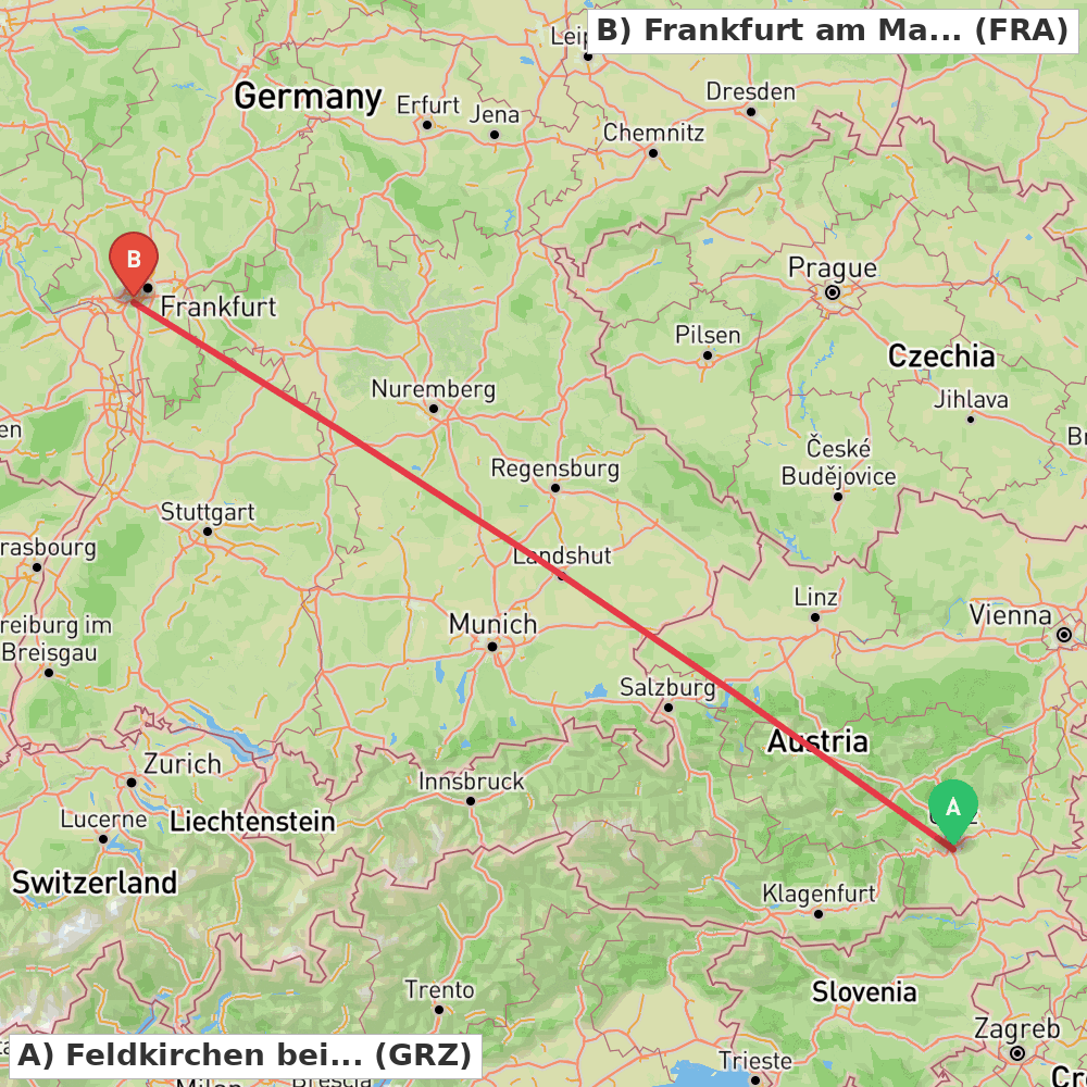 Flight route map from Feldkirchen bei Graz to Frankfurt am Main