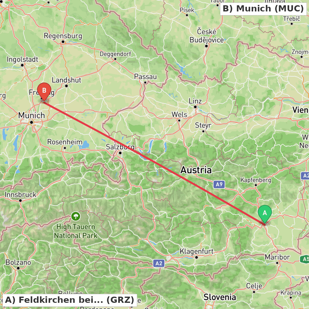 Flight route map from Feldkirchen bei Graz to Munich