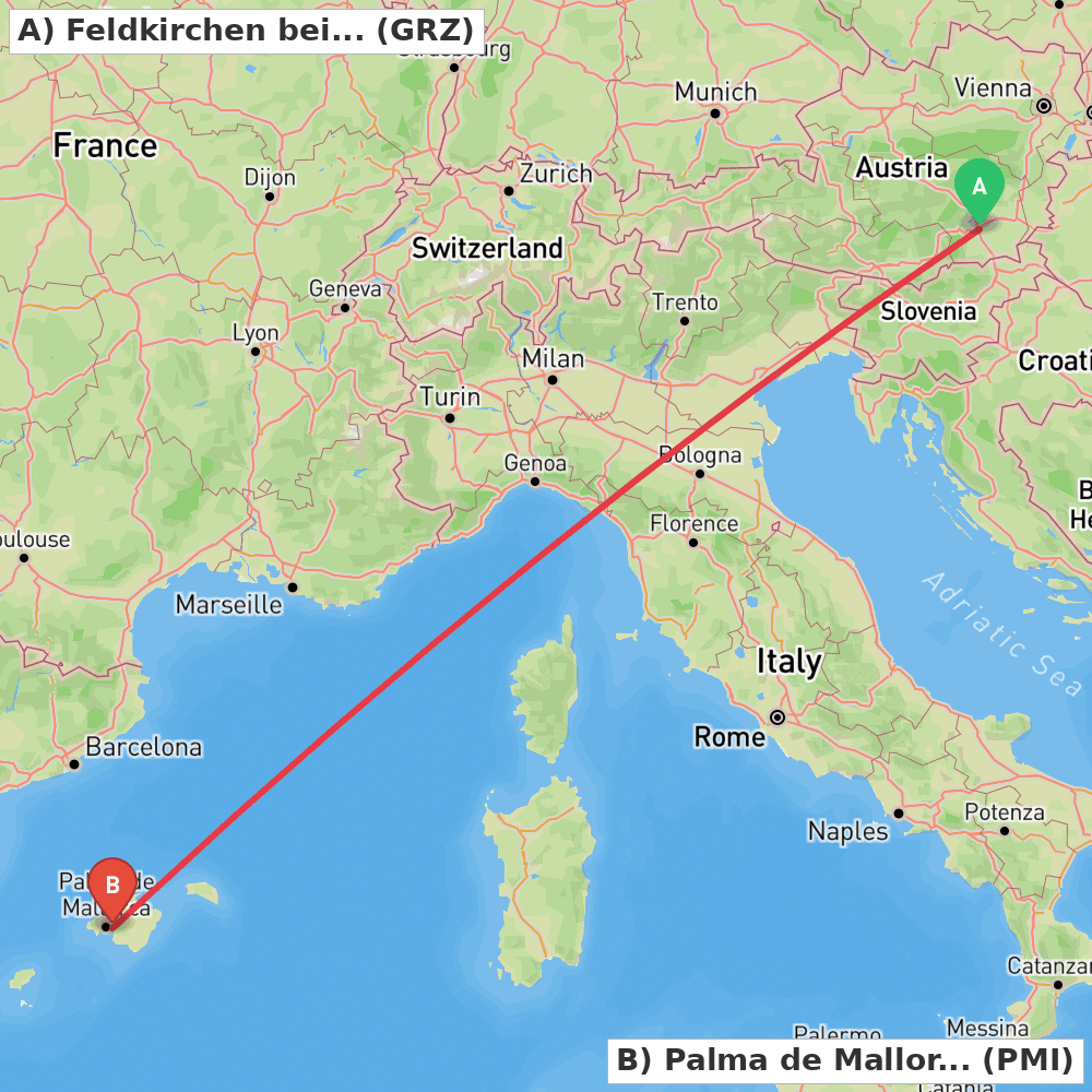 Flight route map from Feldkirchen bei Graz to Palma de Mallorca