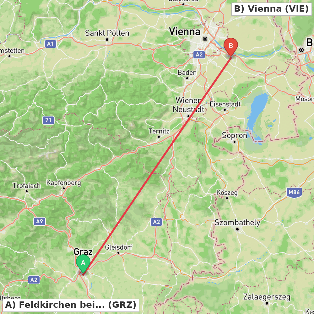 Flight route map from Feldkirchen bei Graz to Vienna