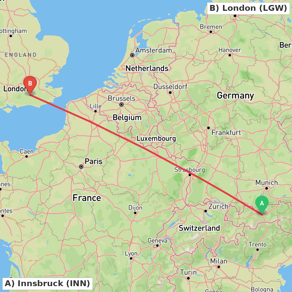 Flight route map from Innsbruck to London