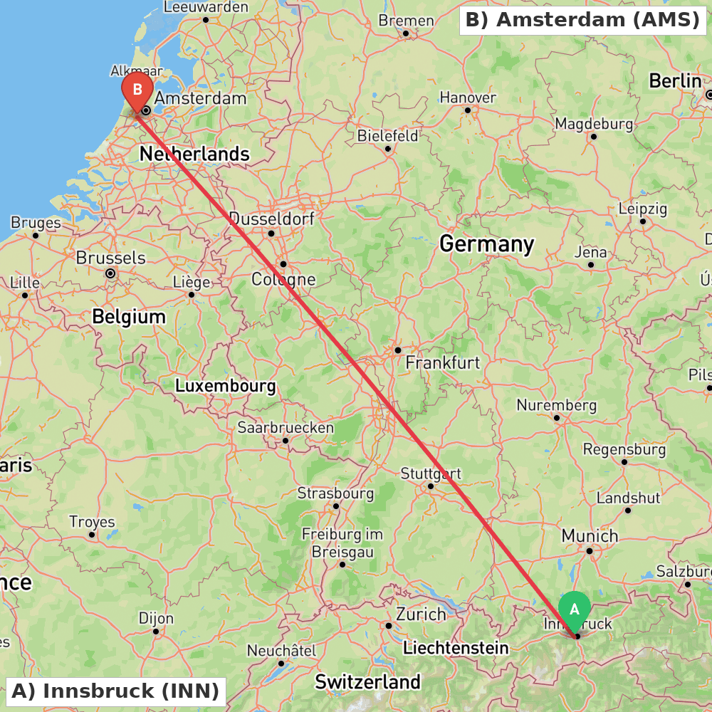 Flight route map from Innsbruck to Amsterdam