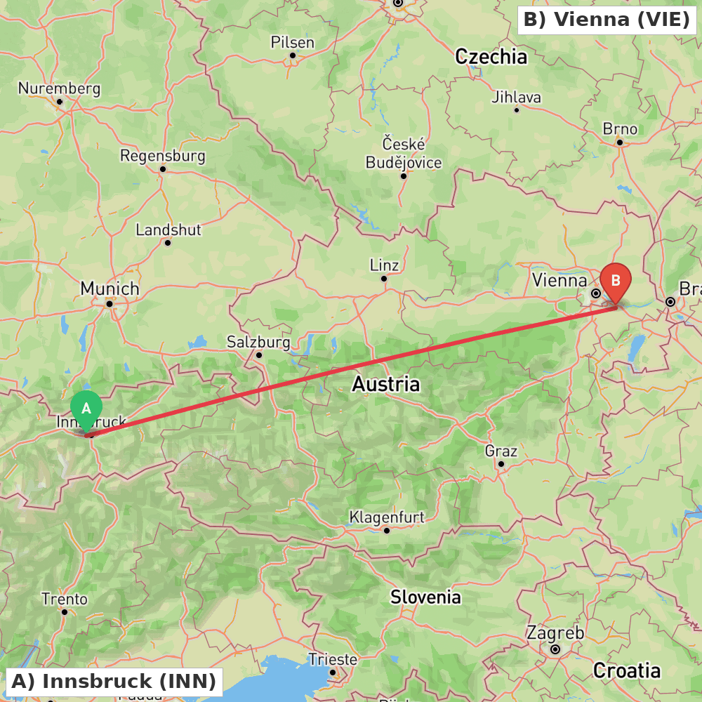 Flight route map from Innsbruck to Vienna
