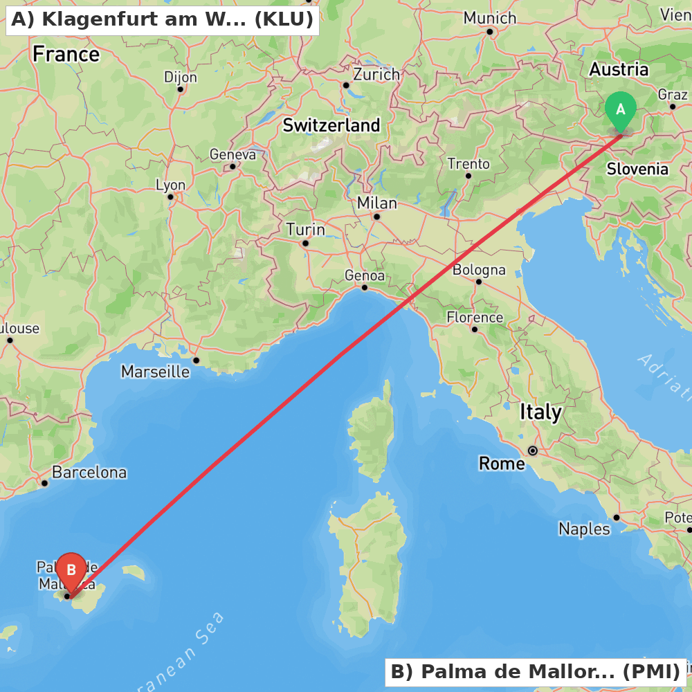 Flight route map from Klagenfurt am Wörthersee to Palma de Mallorca