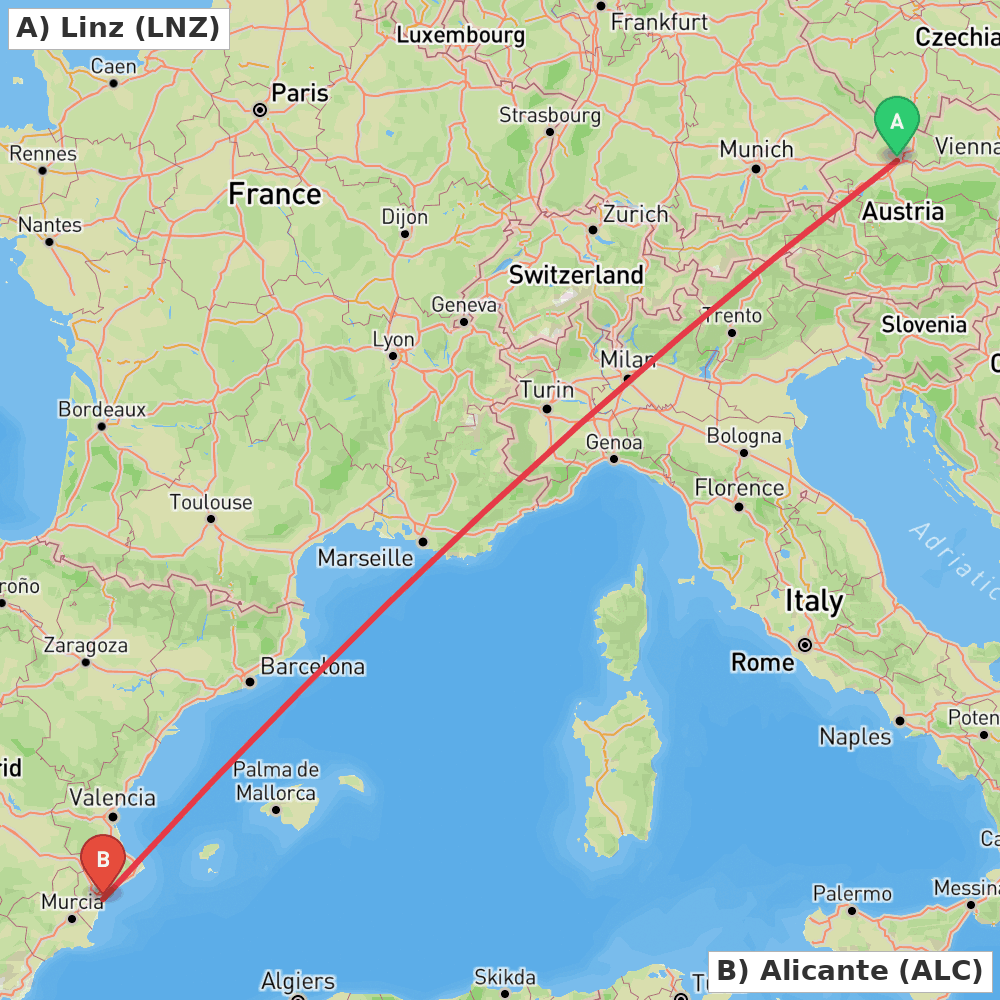 Flight route map from Linz to Alicante