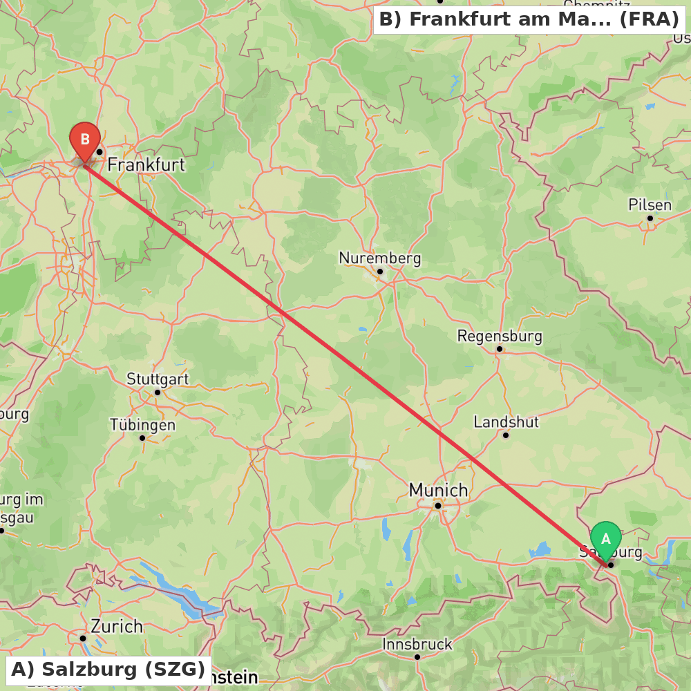 Flight route map from Salzburg to Frankfurt am Main