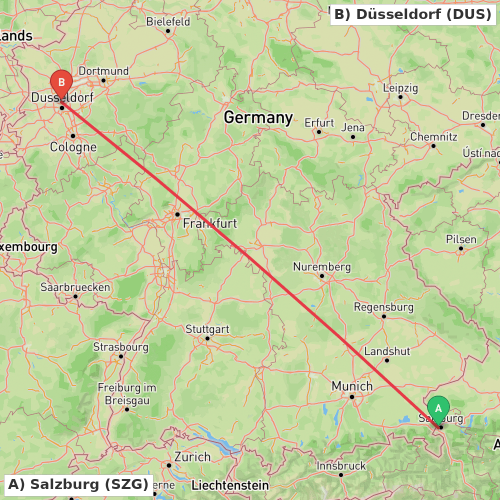 Flight route map from Salzburg to Düsseldorf