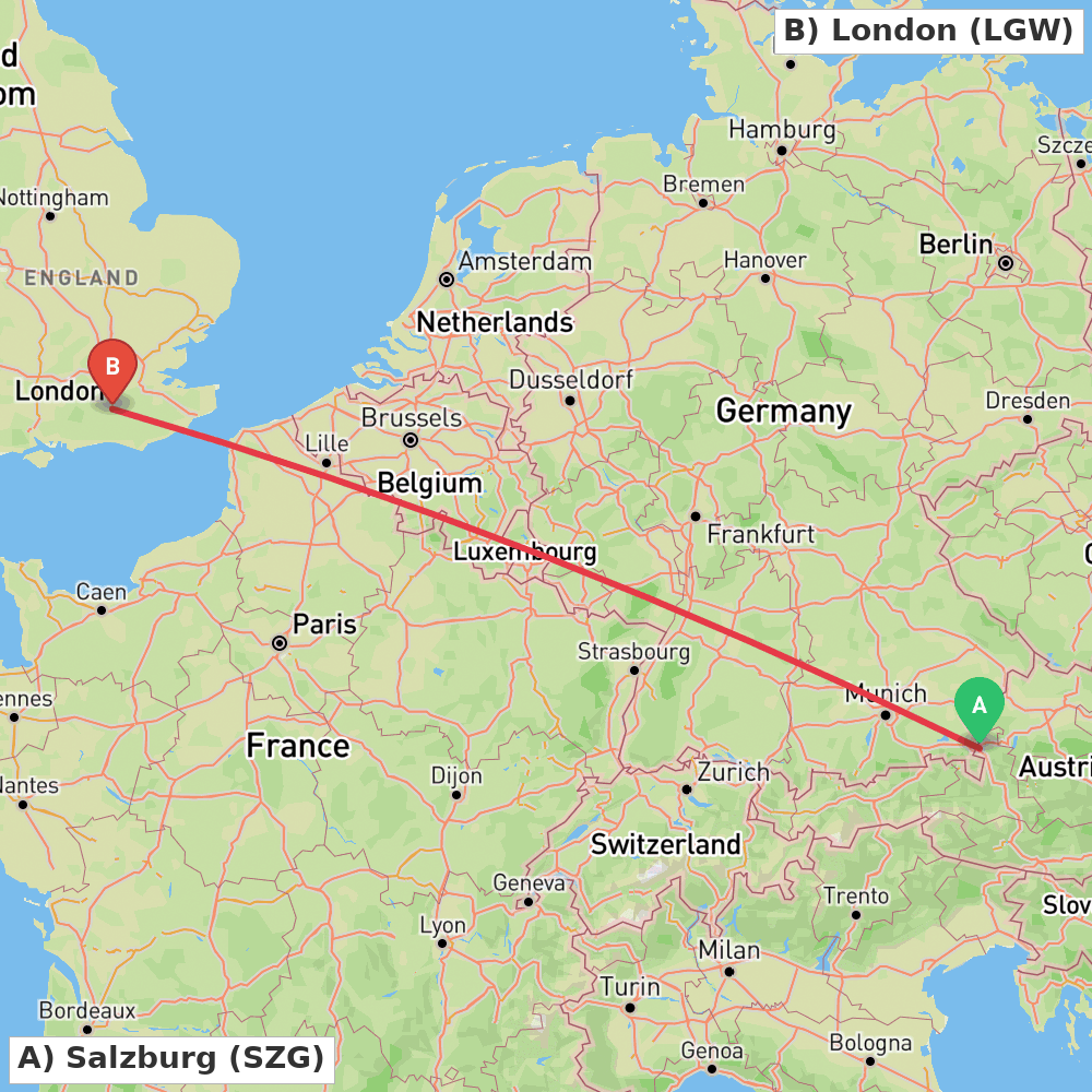 Flight route map from Salzburg to London