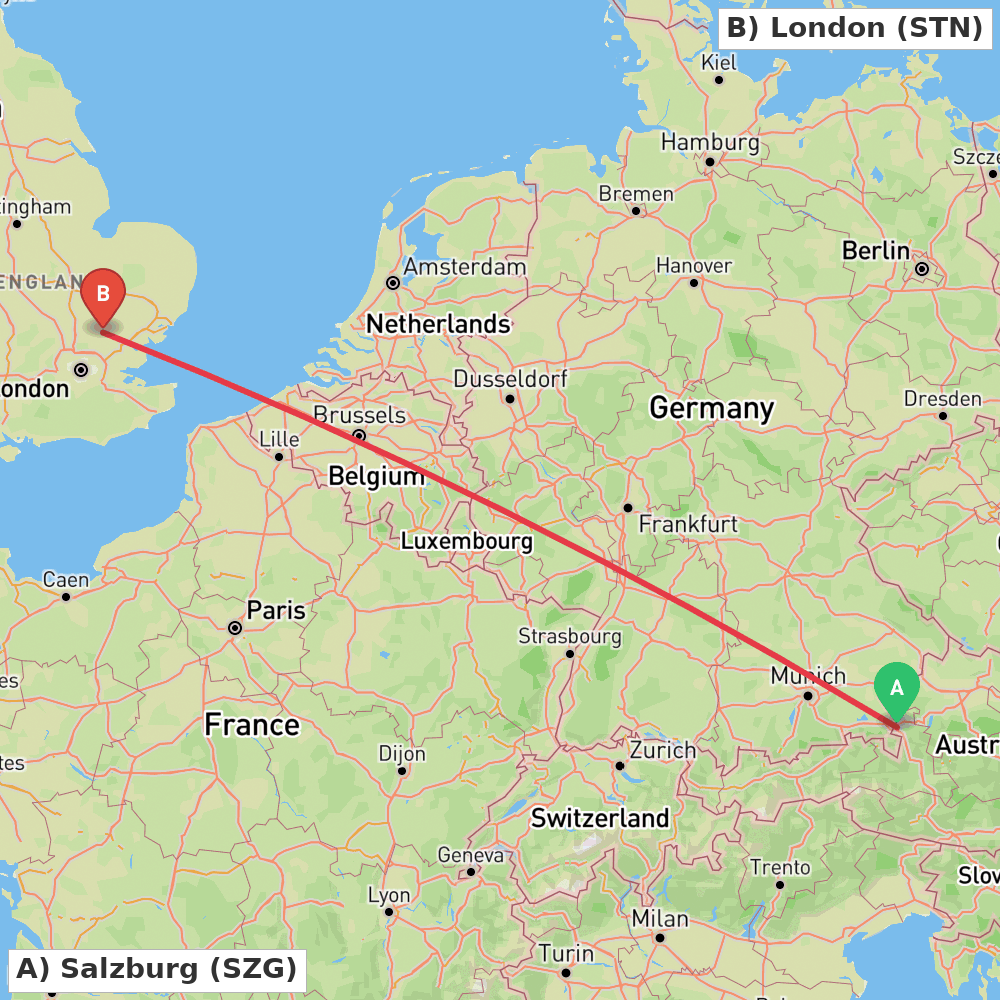 Flight route map from Salzburg to London