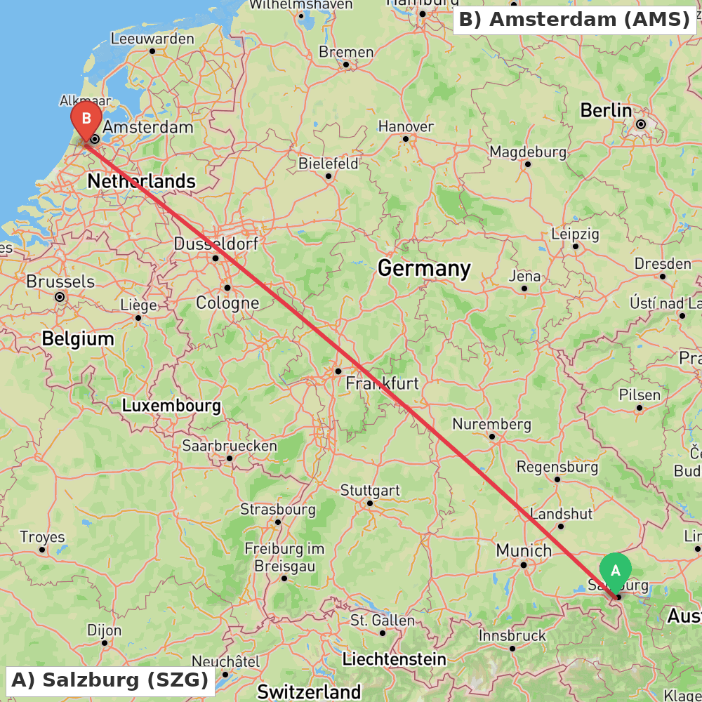 Flight route map from Salzburg to Amsterdam
