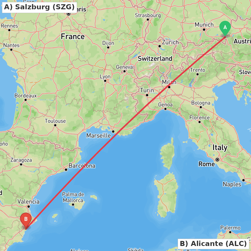 Flight route map from Salzburg to Alicante