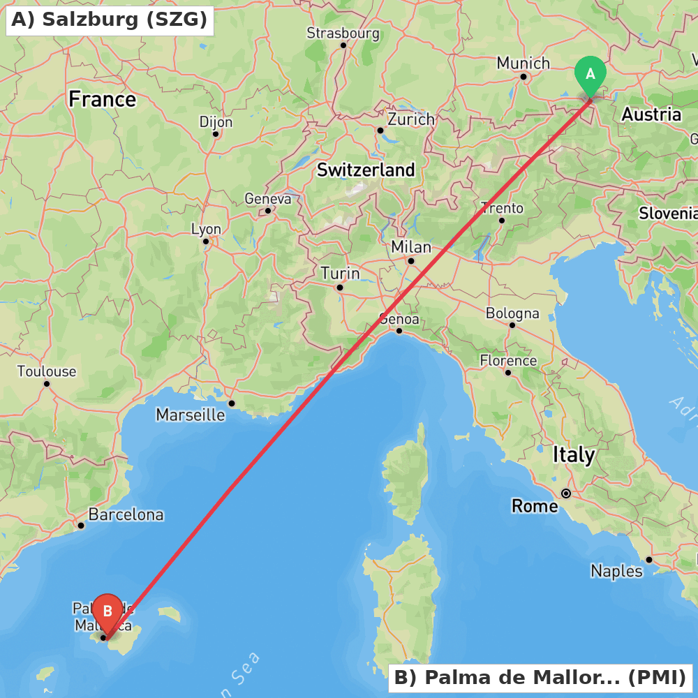 Flight route map from Salzburg to Palma de Mallorca
