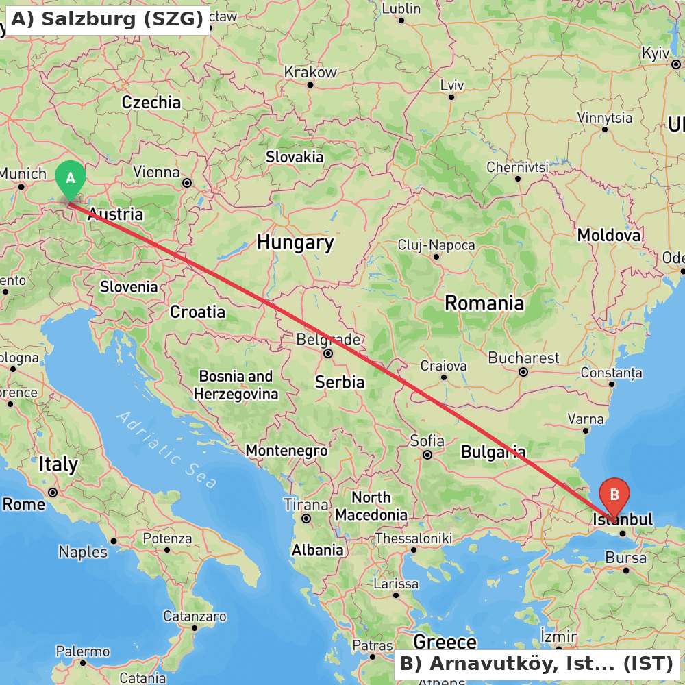 Flight route map from Salzburg to Arnavutköy, Istanbul