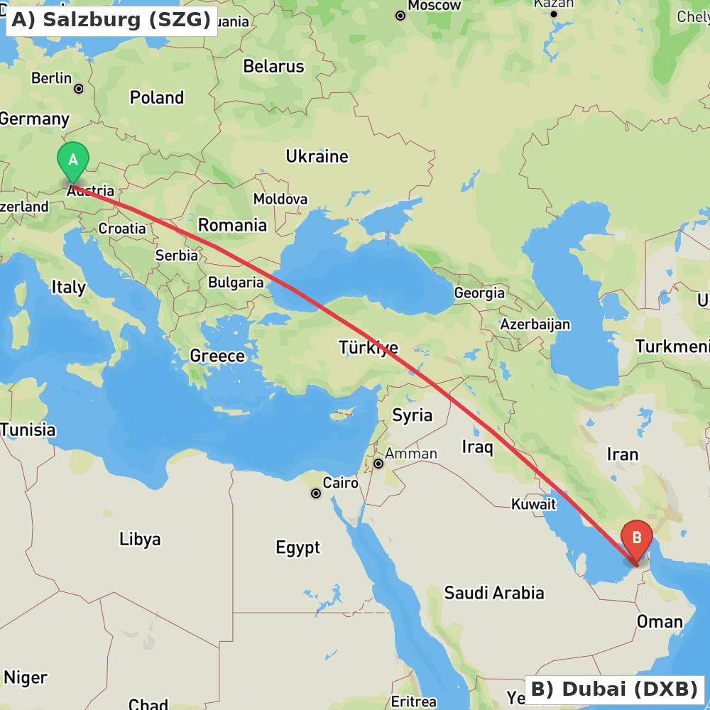 Flight route map from Salzburg to Dubai