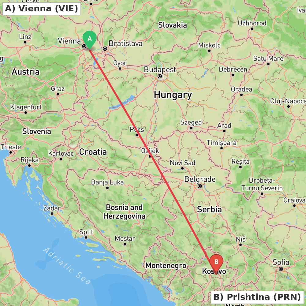 Flight route map from Vienna to Prishtina