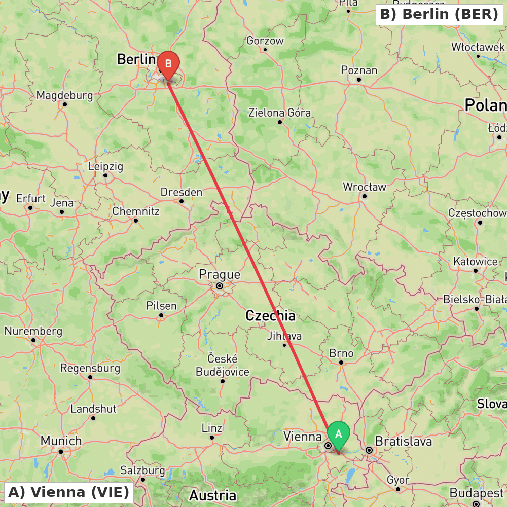 Flight route map from Vienna to Berlin