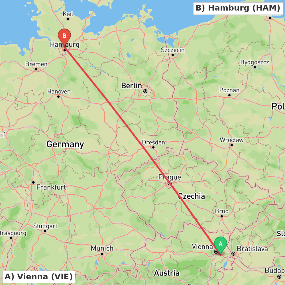 Flight route map from Vienna to Hamburg