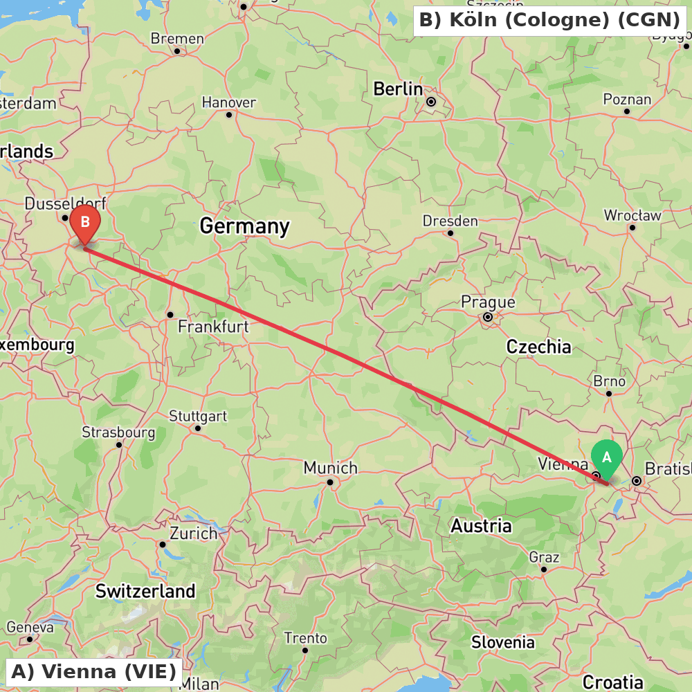 Flight route map from Vienna to Köln (Cologne)